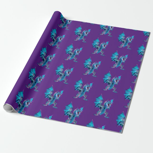 Magical Blue Flame Dragon with Violet Backdrop Wrapping Paper (Unrolled)