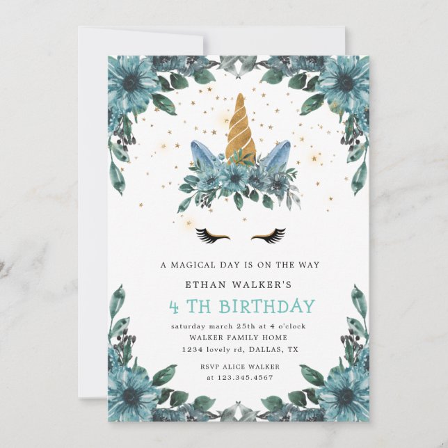 magical blue floral unicorn Birthday Invitation (Front)