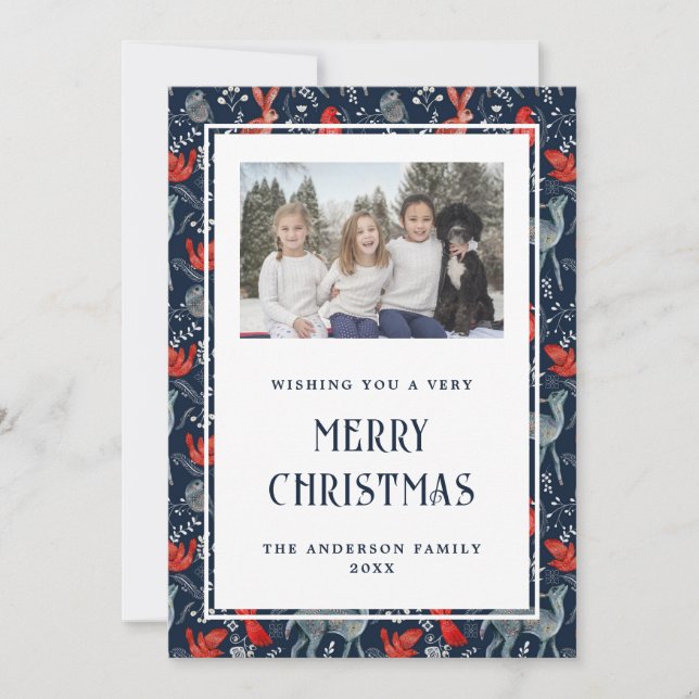 Magical Blue Red Nordic Photo Merry Christmas Card (Front)