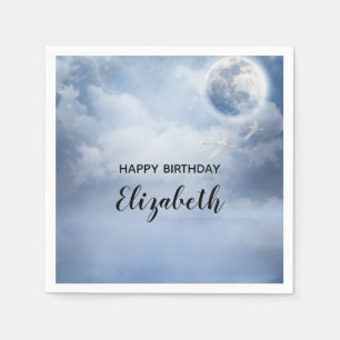 Magical Blue Sky with Flying Swans Birthday Napkin