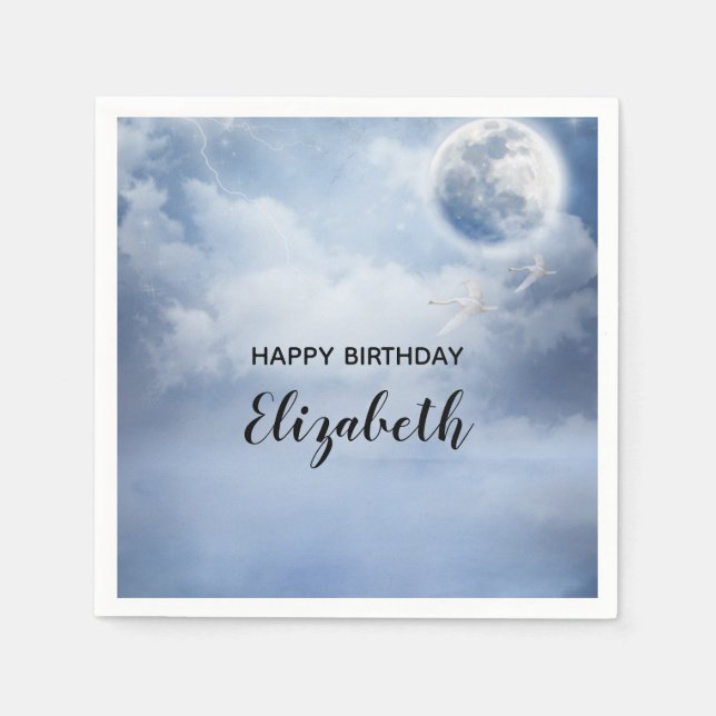 Magical Blue Sky with Flying Swans Birthday Napkin (Front)
