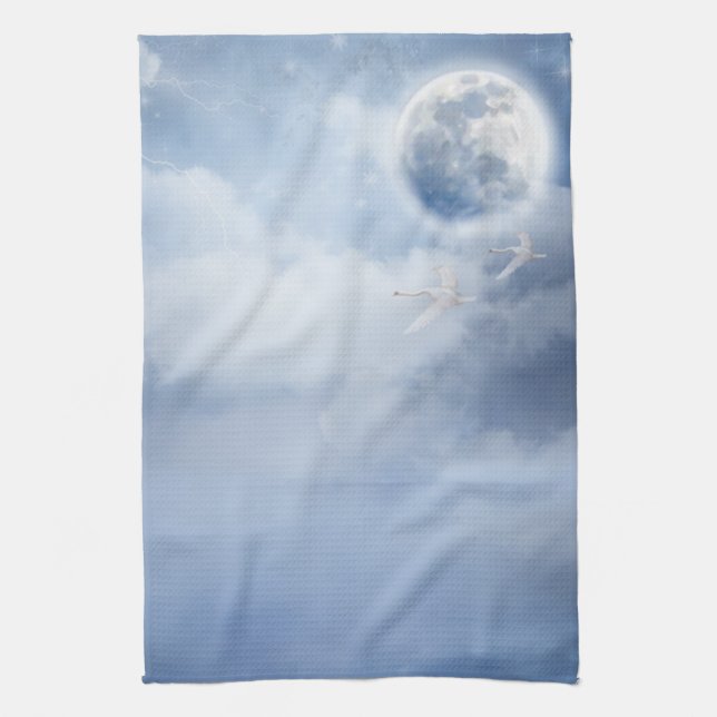 Magical Blue Sky with Flying Swans Kitchen Towel (Vertical)