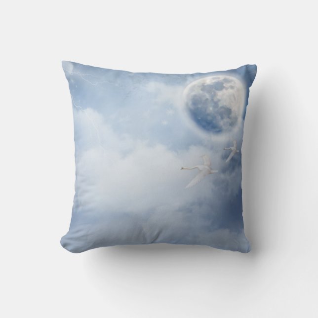 Magical Blue Sky with Flying Swans Throw Pillow (Front)