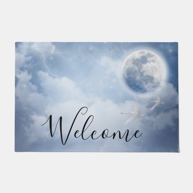 Magical Blue Sky with Flying Swans Welcome Doormat (Front)