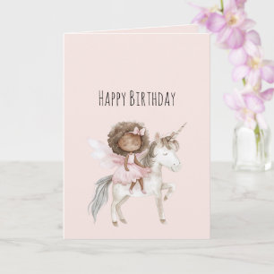 Magical Blush Pink Black Girl Unicorn Birthday Card