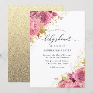 Magical Blush Pink Gold Flowers Baby Shower Invitation
