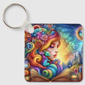 Magical Bookish Elven & Baby Dragon Fantasy World Keychain