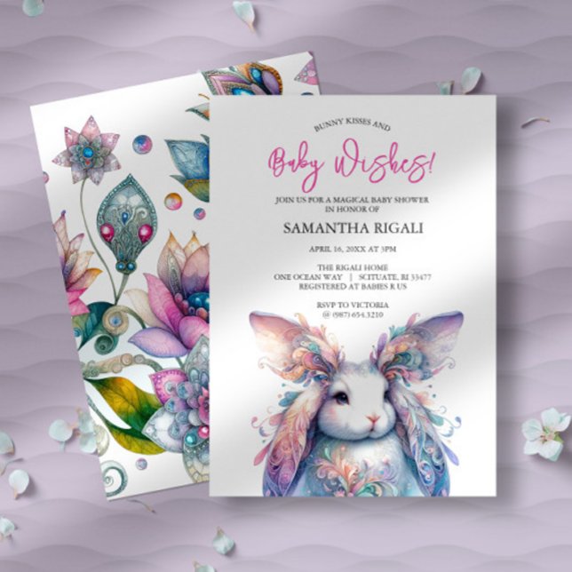 Magical Bunny Baby Shower Invitations (spring baby shower invitations features pastel watercolor bunny and ornate floral design.)