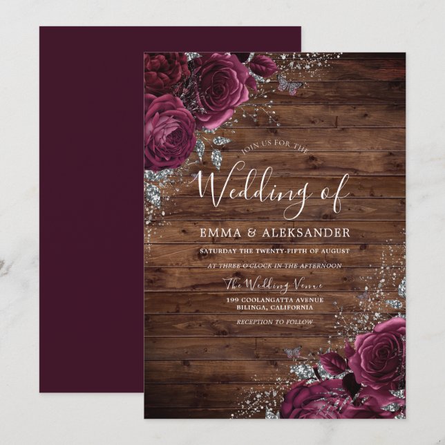 Magical Burgundy Roses Rustic Wood Wedding Invitation (Front/Back)
