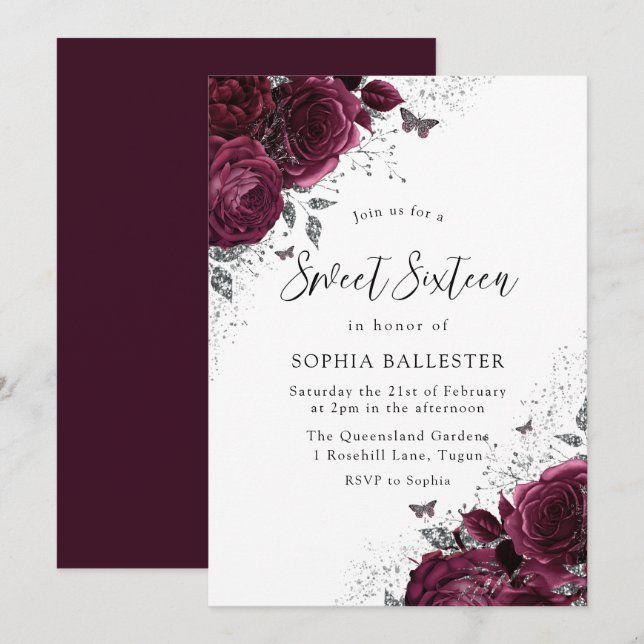 Magical Burgundy Roses Silver Elegant Sweet 16 Invitation (Front/Back)
