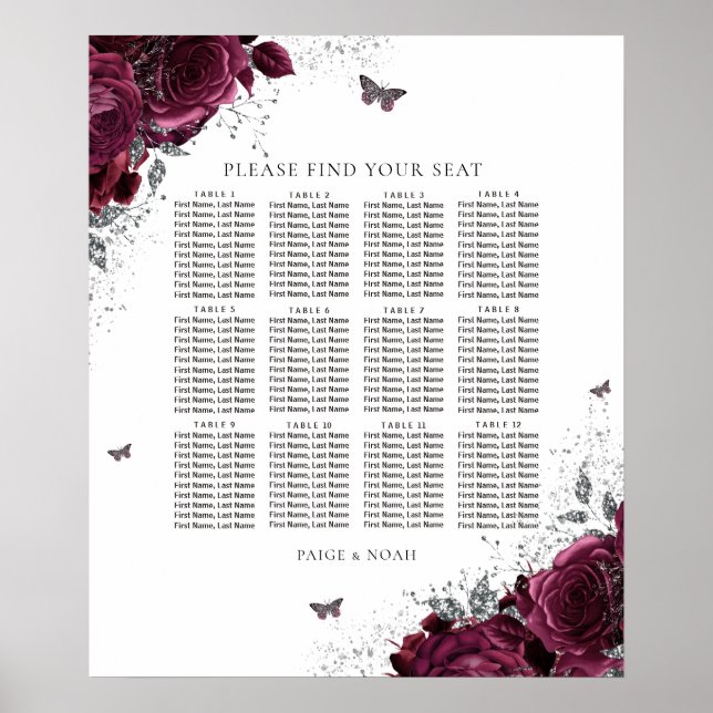 Magical Burgundy Roses Wedding Seating Chart (Front)