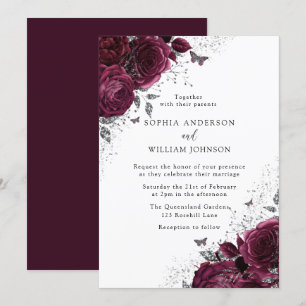 Magical Burgundy Roses With Silver Elegant Wedding Invitation