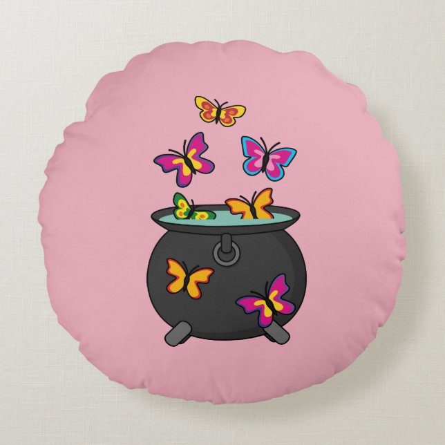 Magical Butterflies from a Cauldron Round Pillow (Front)
