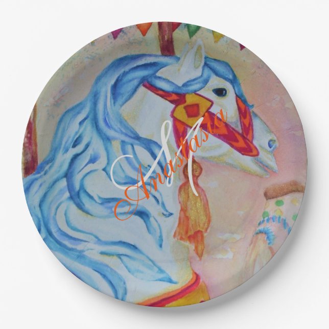 MAGICAL CAROUSEL HORSE MONOGRAM PARTY PAPER PLATE (Front)