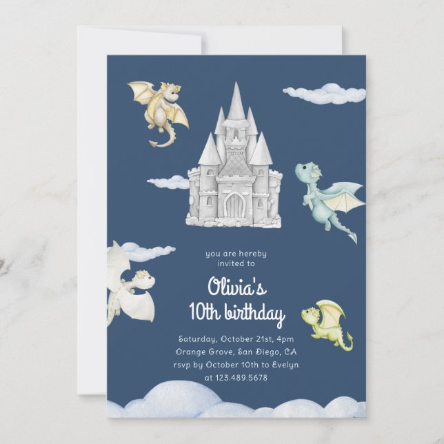 Magical Castle Cute Dragons Kids Birthday Blue Invitation (Front)