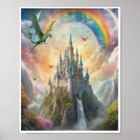 Magical castle flying dragons fairies rainbow