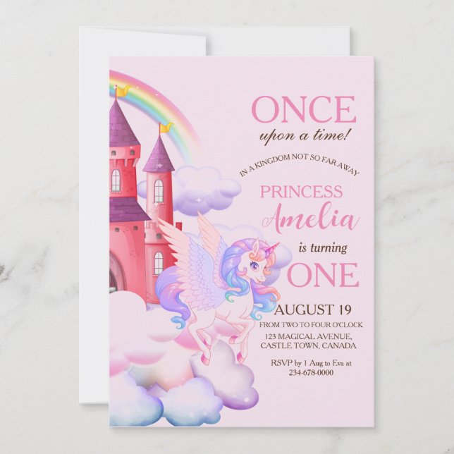 Magical Castle Pink Unicorns 1st Princess Birthday Invitation (Front)