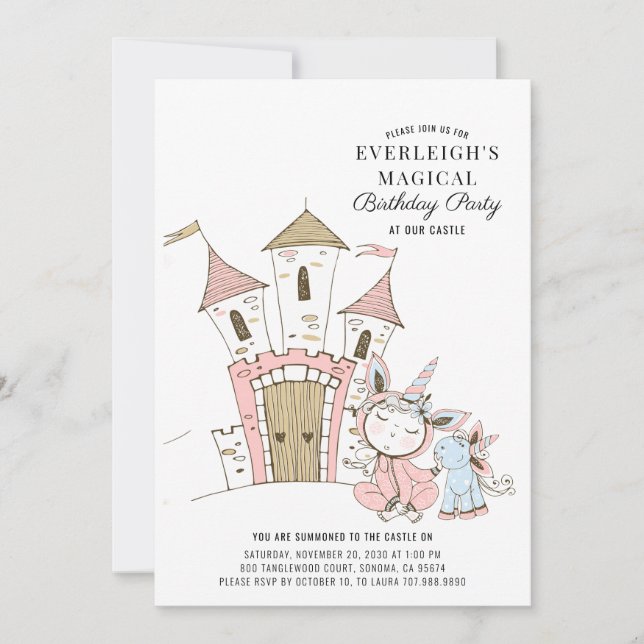 Magical Castle Unicorn Watercolor Birthday  Invitation (Front)