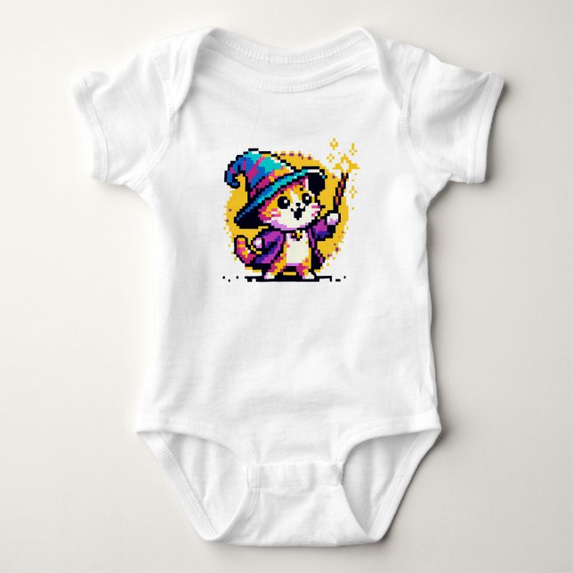 Magical Cat Wizard: 8-Bit Spellcaster Baby Bodysuit (Front)