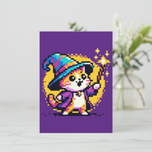 Magical Cat Wizard: 8-Bit Spellcaster Holiday Card