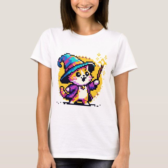 Magical Cat Wizard: 8-Bit Spellcaster T-Shirt (Front)
