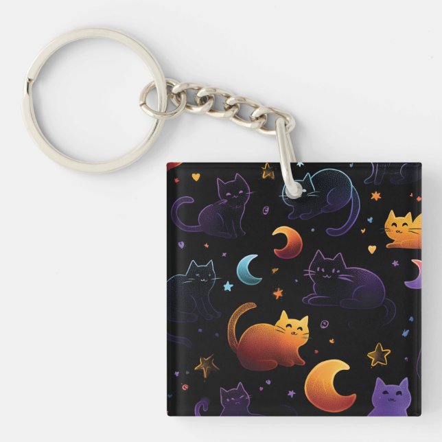 Magical Celestial Cat Pattern with Moons  Keychain (Front)