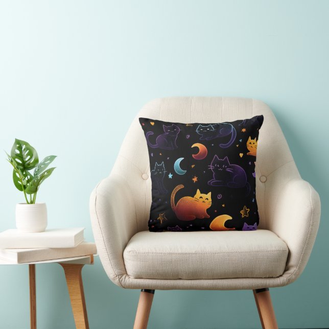 Magical Celestial Cat Pattern with Moons  Throw Pillow (Chair)
