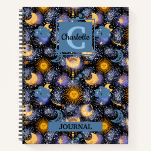 Magical Celestial Pattern Sun Moons Stars Monogram Notebook