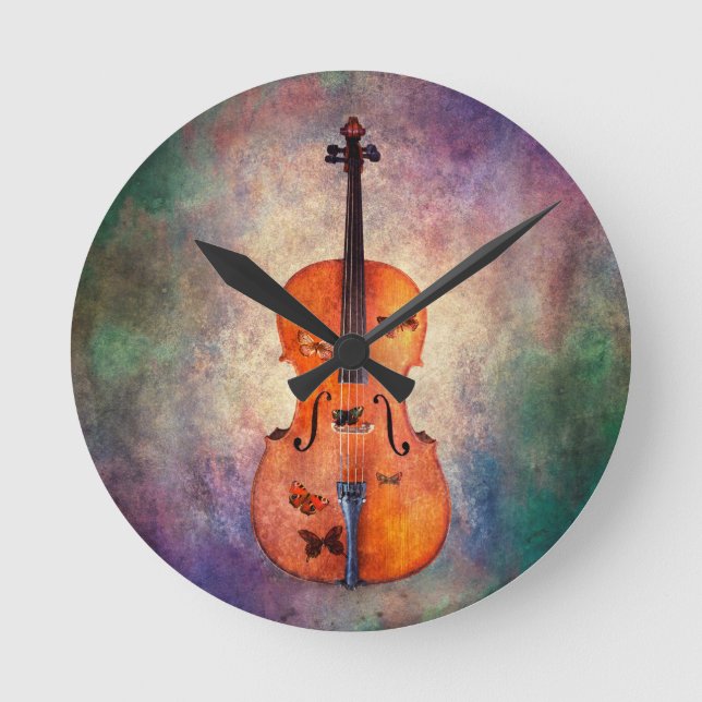 Magical cello with butterflies round clock (Front)