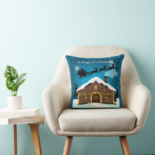 Magical Christmas Eve Santa's Sleigh & Cozy Log Throw Pillow