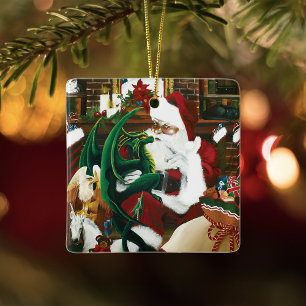 Magical Christmas Fantasy Santa Dragon Yule Cozy Ceramic Ornament