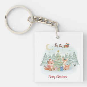 Magical Christmas Night in the Winter Forest Keychain