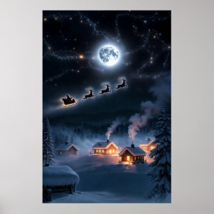 Magical Christmas Night Santa Flying Over Snowy Poster