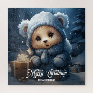 Magical Christmas night teddy bear with present Jigsaw Puzzle