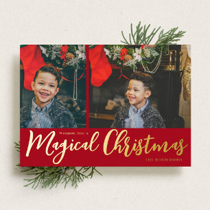 Magical Christmas Photo Collage and Red and Gold Foil Holiday Card