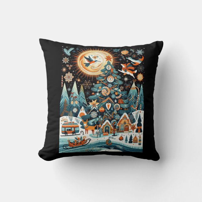 Magical Christmas Scene Illustration Throw Pillow (Front)