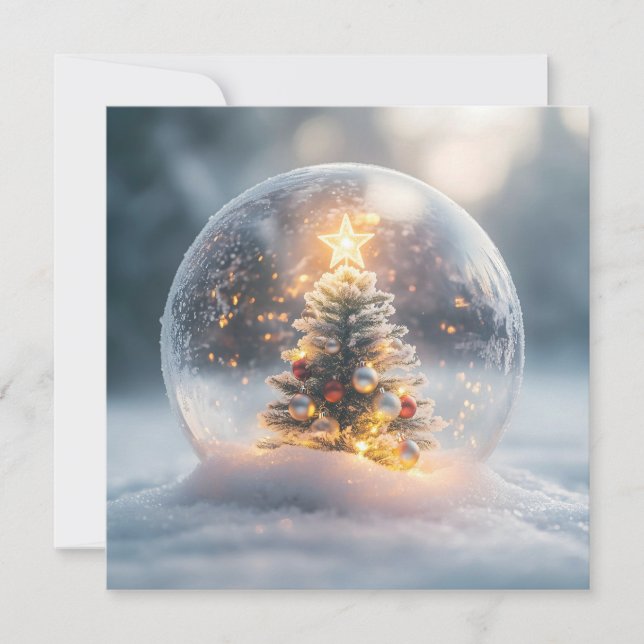 Magical Christmas Snow Globe with Glowing Tree Holiday Card (Front)