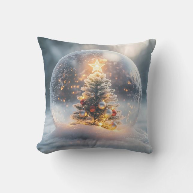 Magical Christmas Snow Globe with Glowing Tree Throw Pillow (Front)