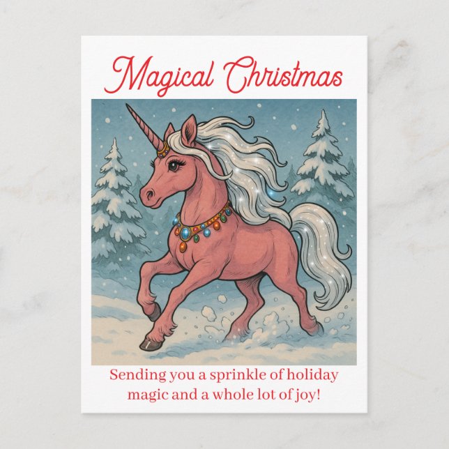 magical christmas sparkling unicorn  holiday postcard (Front)