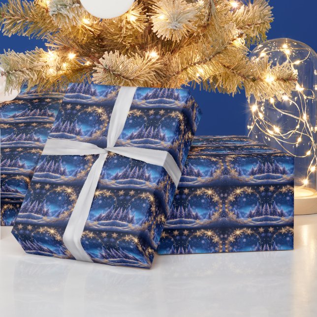 Magical Christmas time - golden snowflakes on blue Wrapping Paper (Holidays)