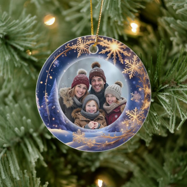 Magical Christmas time - golden snowflakes, photo Ceramic Ornament (Tree)