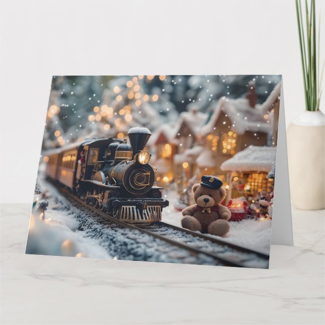Magical Christmas Train Scene with Teddy Bear  Card (Front)