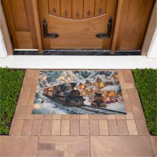 Magical Christmas Train Scene with Teddy Bear  Doormat