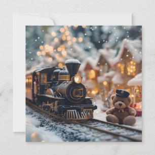 Magical Christmas Train Scene with Teddy Bear Holiday Card