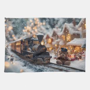 Magical Christmas Train Scene with Teddy Bear  Kitchen Towel