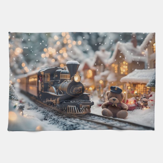 Magical Christmas Train Scene with Teddy Bear  Kitchen Towel (Horizontal)