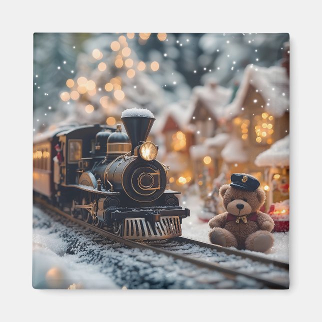 Magical Christmas Train Scene with Teddy Bear  Magnet (Front)
