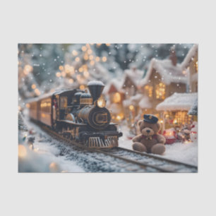 Magical Christmas Train Scene with Teddy Bear Tissue Paper