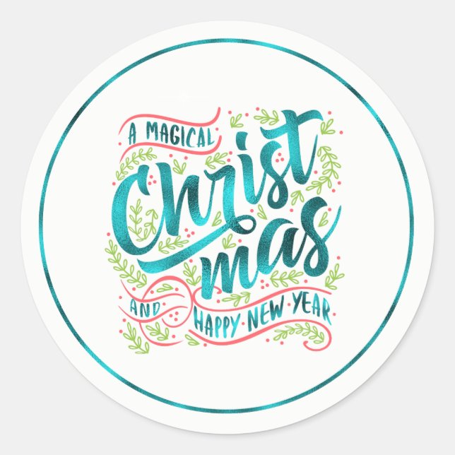 Magical Christmas Typography Round Teal ID441 Classic Round Sticker (Front)