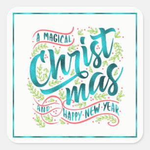 Magical Christmas Typography Square Teal ID441 Sticker